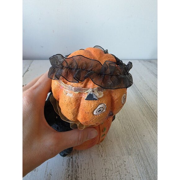 Shabby chic vintage pumpkin paper mache jack-o'-lantern figurine Halloween statu - Picture 6 of 8